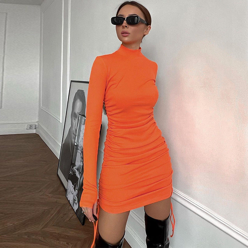 Autumn New Women's Skirt Orange Side Drawstring Long-Sleeved Slim-Fit Dress Set Head Round Neck Tight Wrap Bottom Skirt