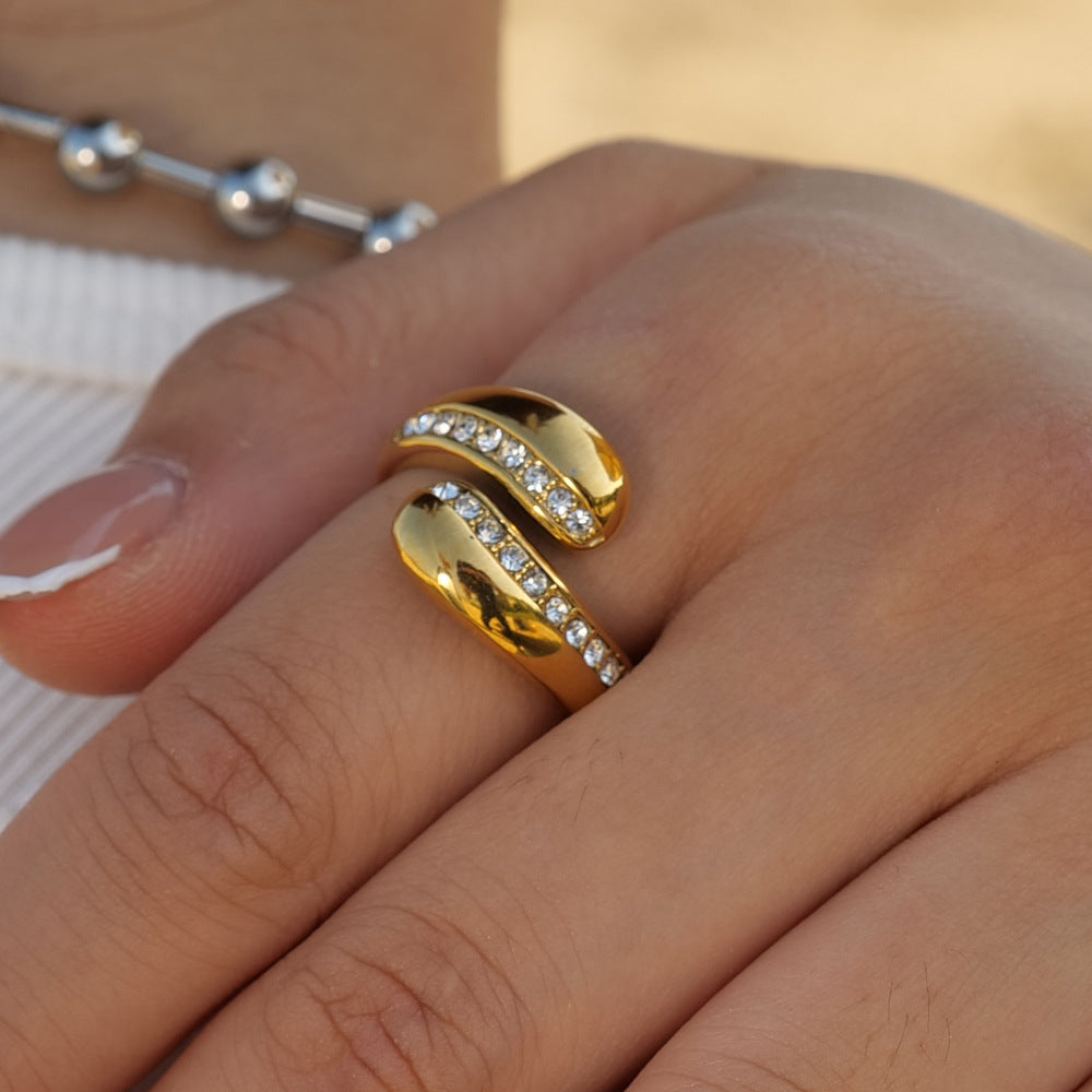 5pcs Single Ring 18K Gold Zircon Drop Open Ring Titanium Steel Ring Ring For Women