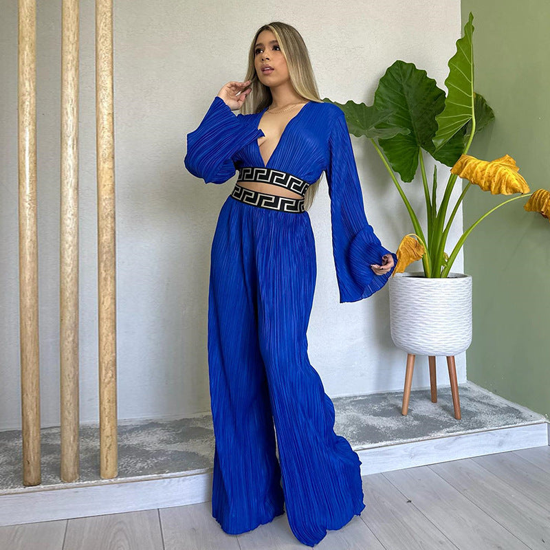 Women's New Fresh Sweet Pleated V-Neck Flared Sleeve Shirt Wide Leg Pants Casual Suit