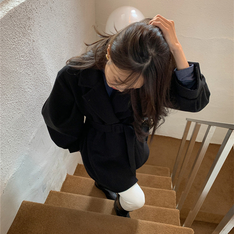 South Korea Chic Autumn And Winter Vintage Suit Collar Loose Belt Waist Collection Thin Clip Cotton Wool Coat Woman
