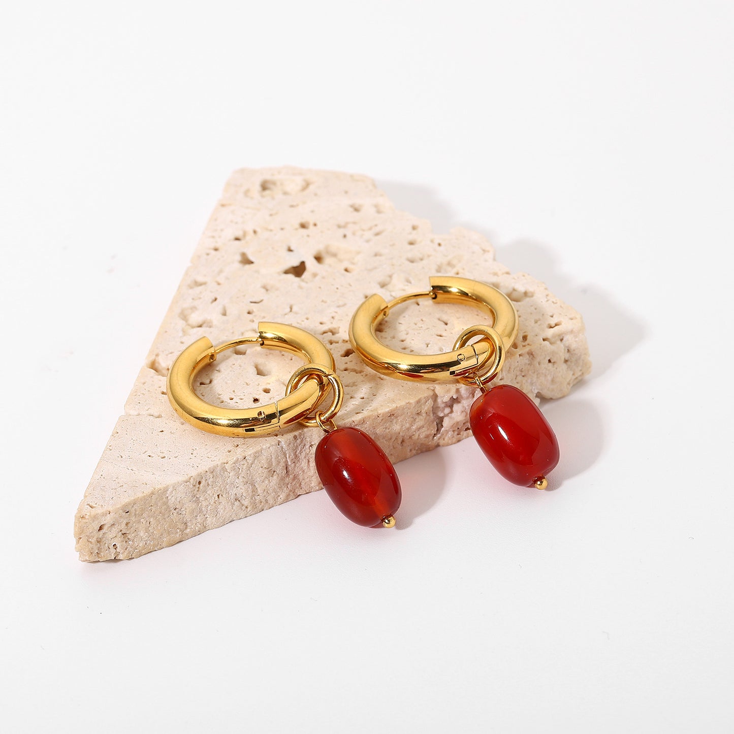 5pcs Double Gold Plated Red Stone Pendant Stainless Steel Earrings Women's Same Stud Earrings