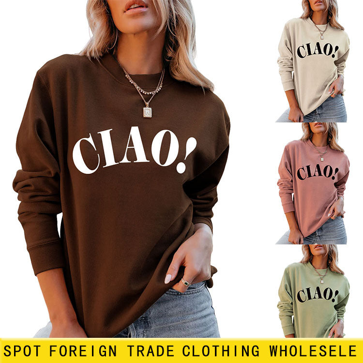 New Long-Sleeved Blouse Ciao Simple Letter Round Neck Sweater Loose Undershirt Women