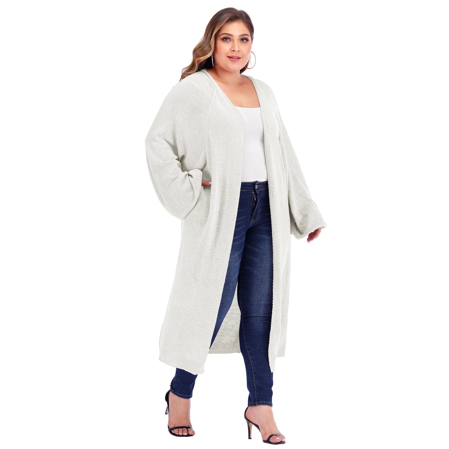 Large Size Women's Loose Pocket Bat Sleeve Lantern Sleeve Long Woven Cardigan Sweater Sweater Coat Women