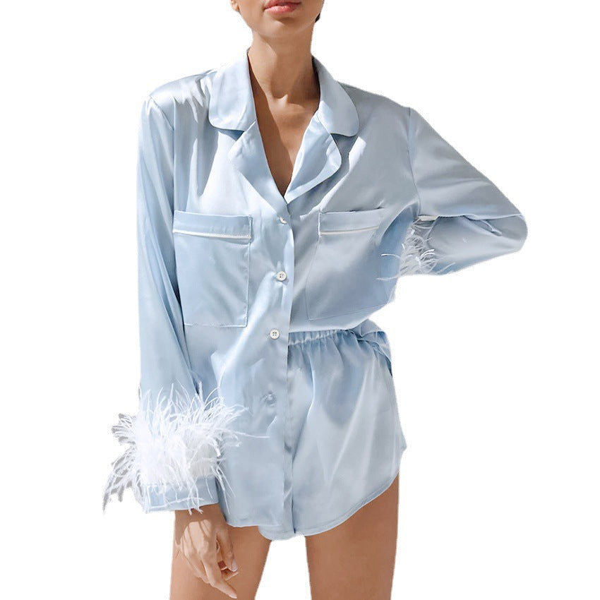 Spring New Temperament Suit Collar Pure Wind Ice Silk Feather Sleeve Long Sleeve Shorts Blue