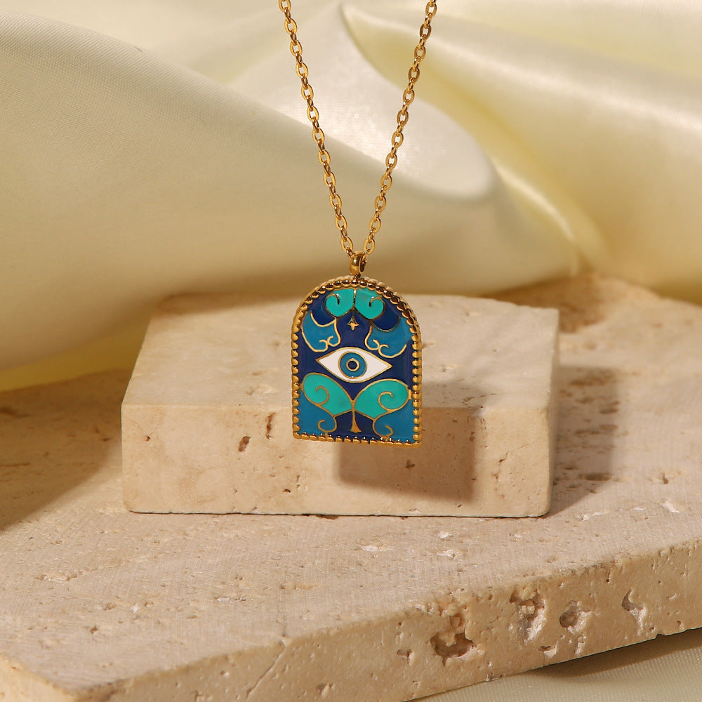 5pcs New 18K Electroplated Blue Ancient Roman Arch Eye Titanium Steel Chain Niche Design Necklace