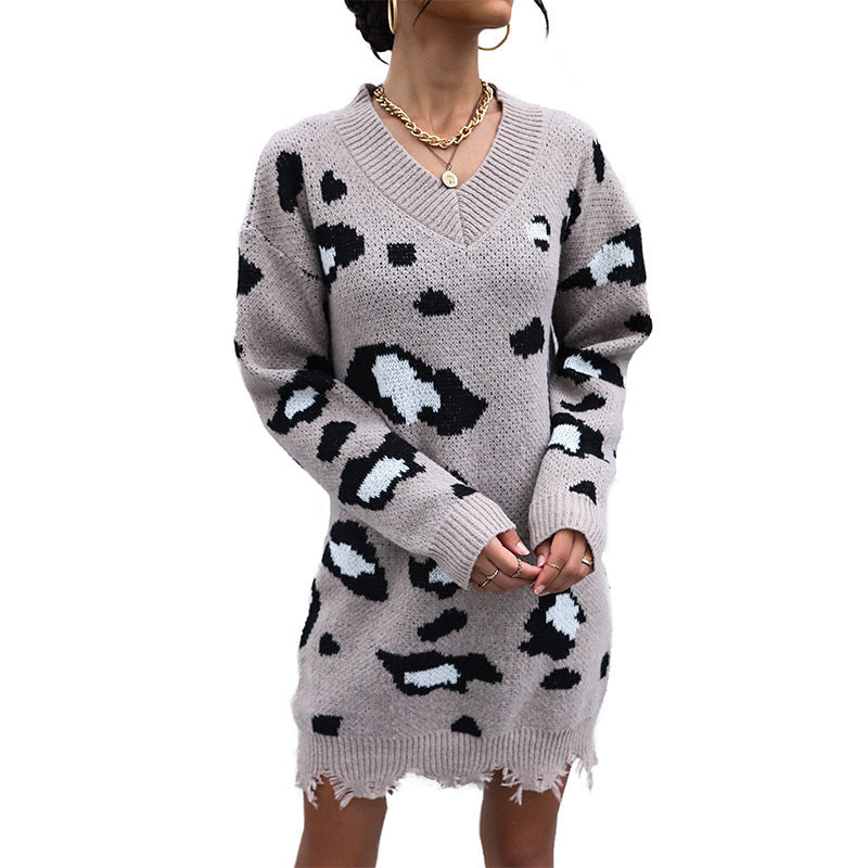 Autumn and Winter Fashion Knitted Leopard Print Sweater Dress: Long Sleeve, V-Neck, and Effortless Style