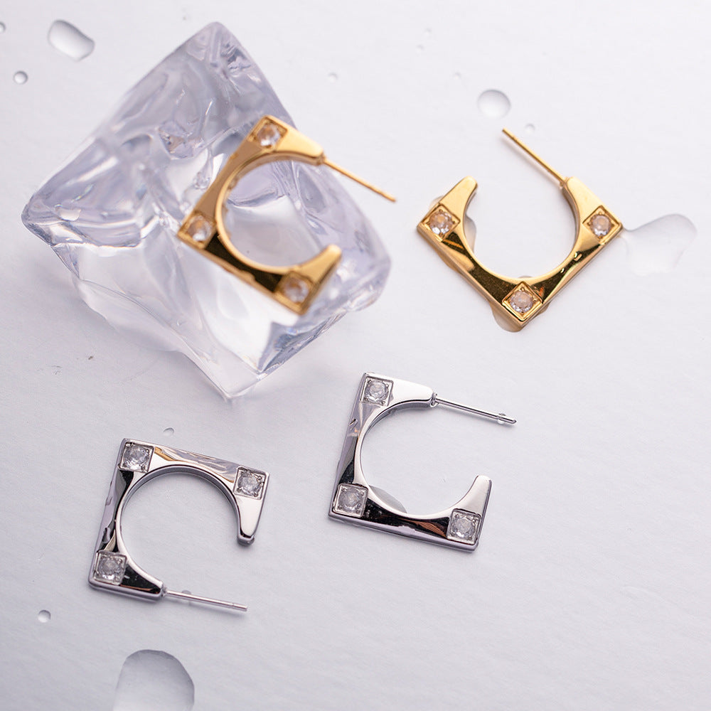 5pcs Stylish 18K Gold-Plated Stainless Steel Square Zircon Inlaid Earrings Light Luxury Niche Design Earrings