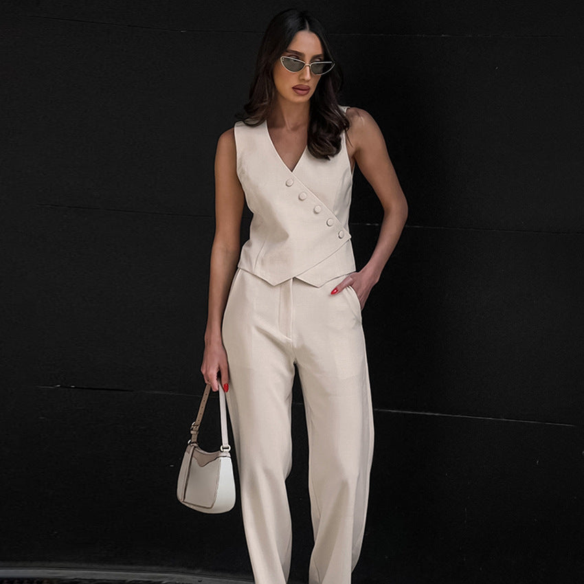 Commuter Apricot Cotton Vest Vest Vest Broadleg Pants Two-Piece Women's Summer Deconstruction Design Sense Suit