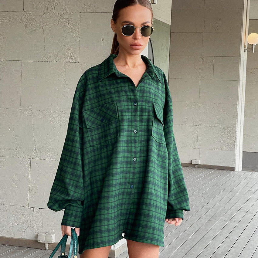 Women's Retro American Plaid Shirt Green Boyfriend Wind Long Loose Oversize Shirt