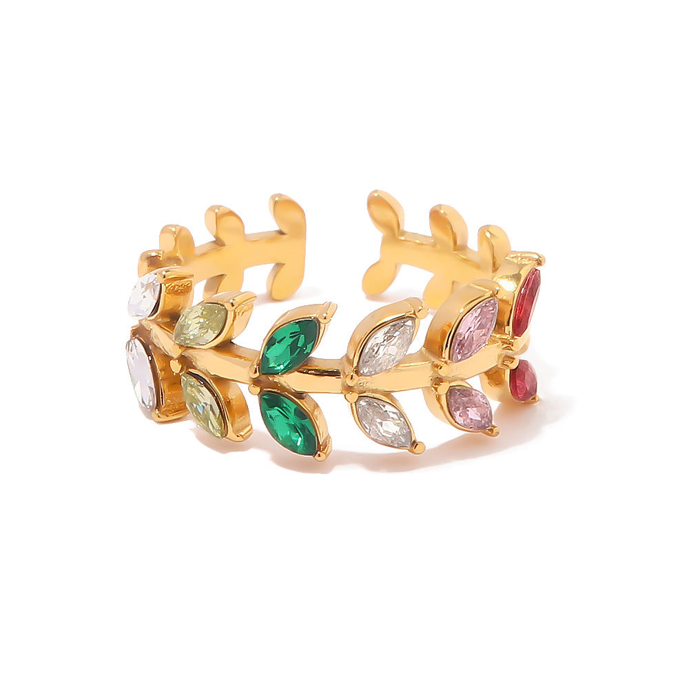 5pcs 18K Gold-Plated Zircon Leaf Opening Ring Women's Fashion All-Match Titanium Steel Ring