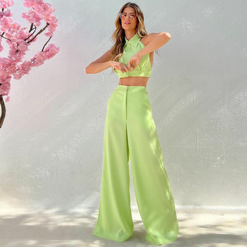 Women's Summer Sleeveless Sexy Halter Top Loose Wide Leg Trousers Two-Piece Set