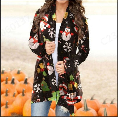Women's Christmas Printed Long-Sleeved Sweater Cardigan Top Coat
