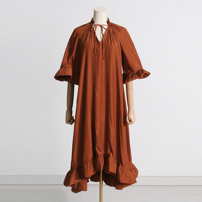 Palace Retro Style Spring V-Neck Tie Loose Waist Oversized Skirt Skirt Solid Color Dress Woman