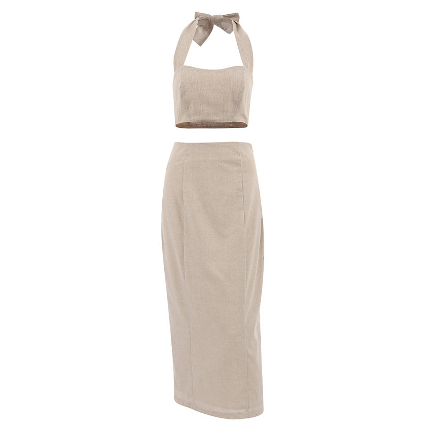 Summer New Cotton Hemp Halter Vest Long Dress Set Holiday Half Skirt Small Fashion Woman