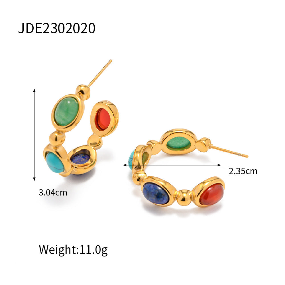5pcs 18K Gold-Plated Stainless Steel Inlaid Natural Stone C-Shaped Stainless Steel Earrings Fashion All-Match Earrings