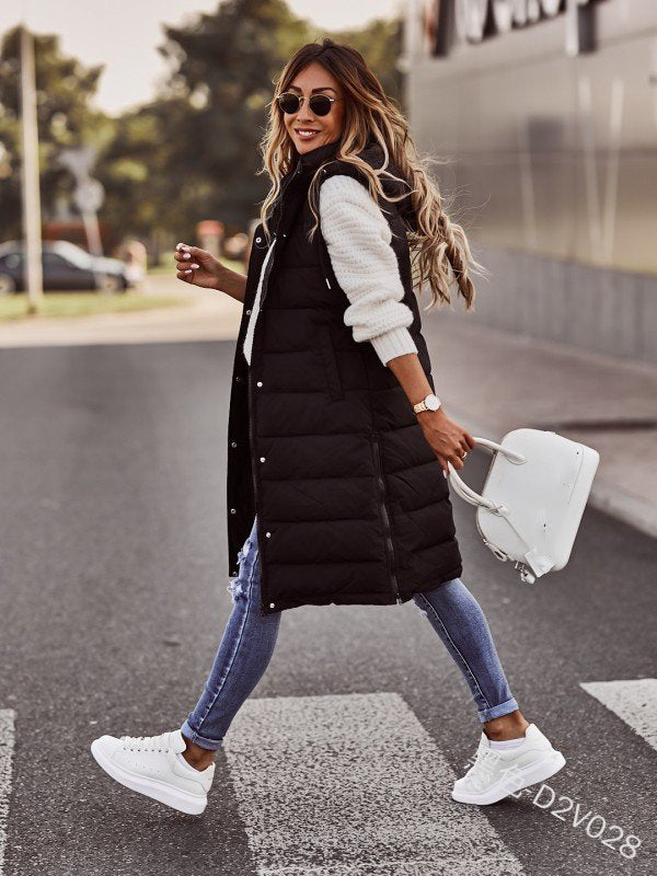 Solid Color Hooded Single Breasted Medium Long Cotton-Padded Vest Slim Temperament Cardigan Coat Top
