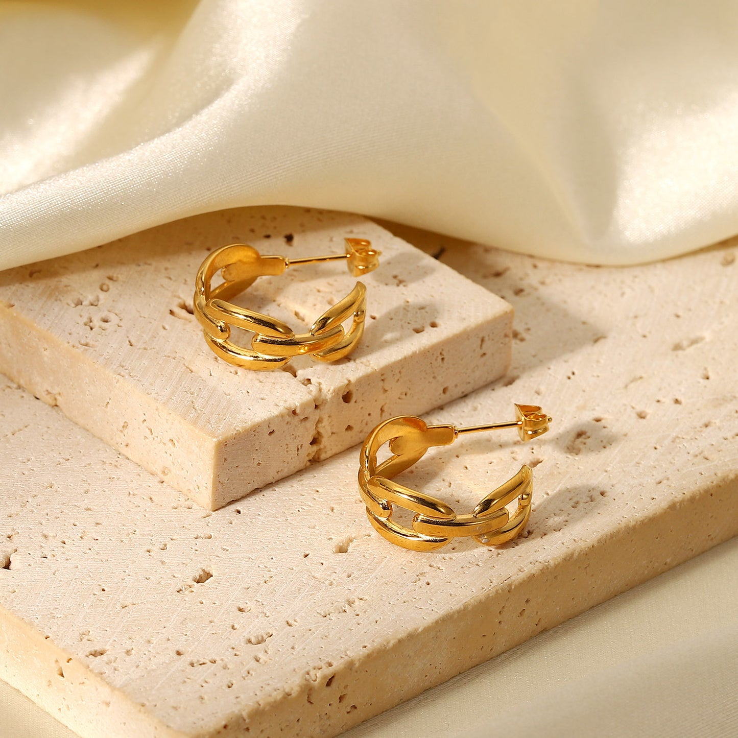 5pcs 18K Gold-Plated Stainless Steel Ring Earrings Titanium Steel Coffee Bean Buckle Chain C-Shaped Earrings