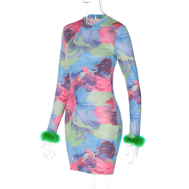 Autumn And Winter New Women's Print Slim Round Neck Long Sleeve Dress Splicing Hairy Skirt High Fanny Pack Bottom Skirt