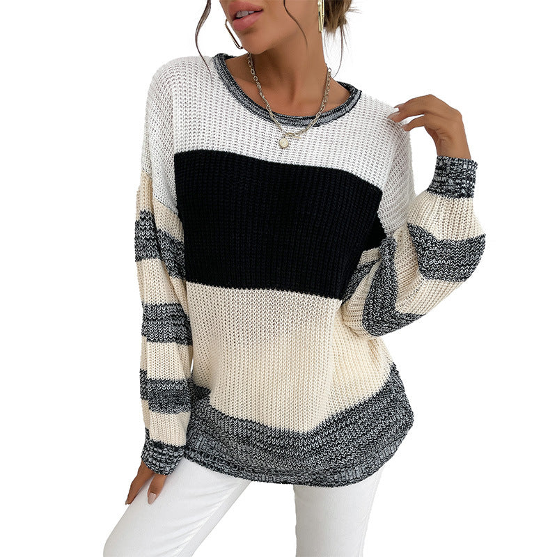 Autumn New Women's Thin Pullover Round Neck Black And White Color Sweater