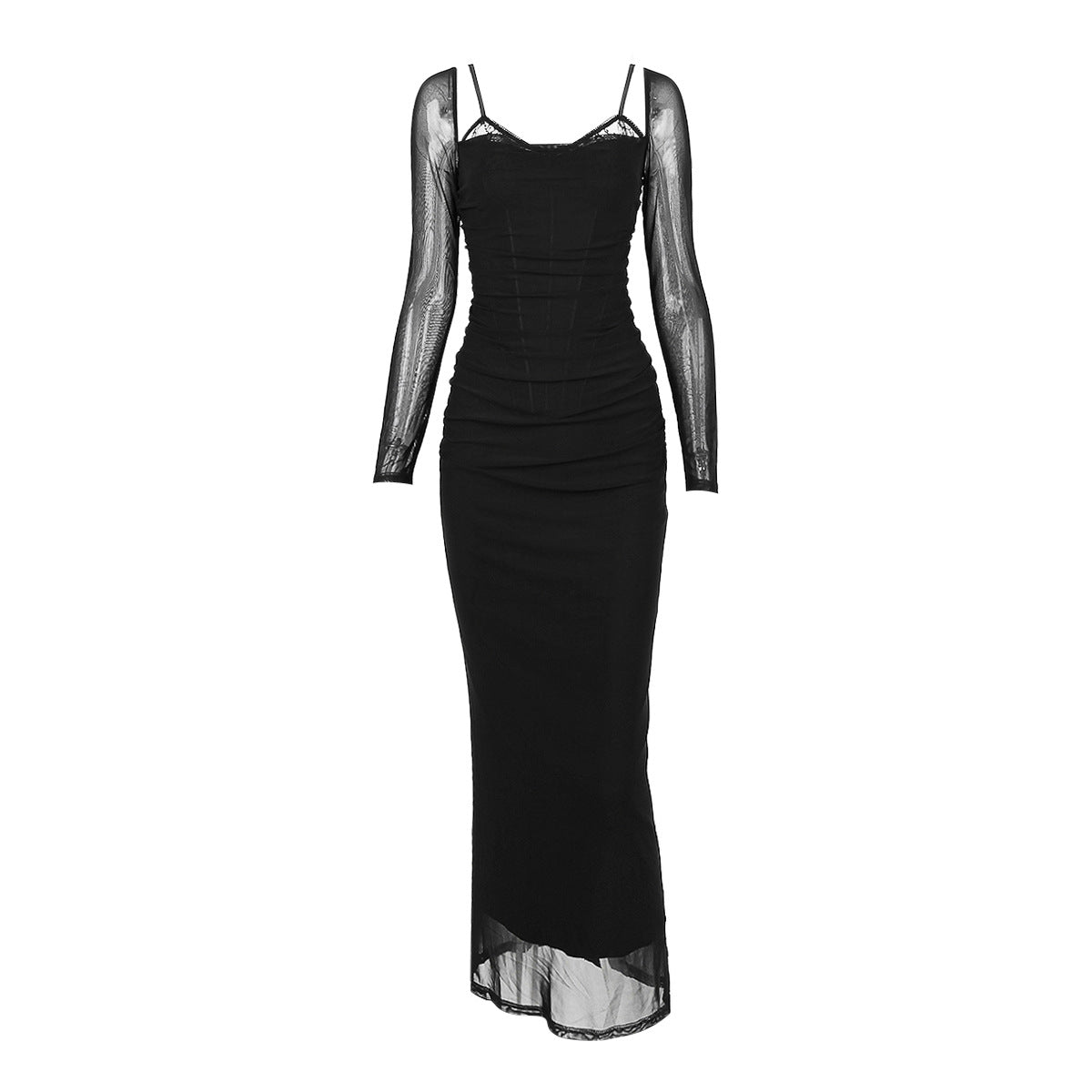 Fall On New Women's Gauze Long Sleeve Fishbone Slim Body Wrap Hip Slit Midi Skirt Sexy Black Dress
