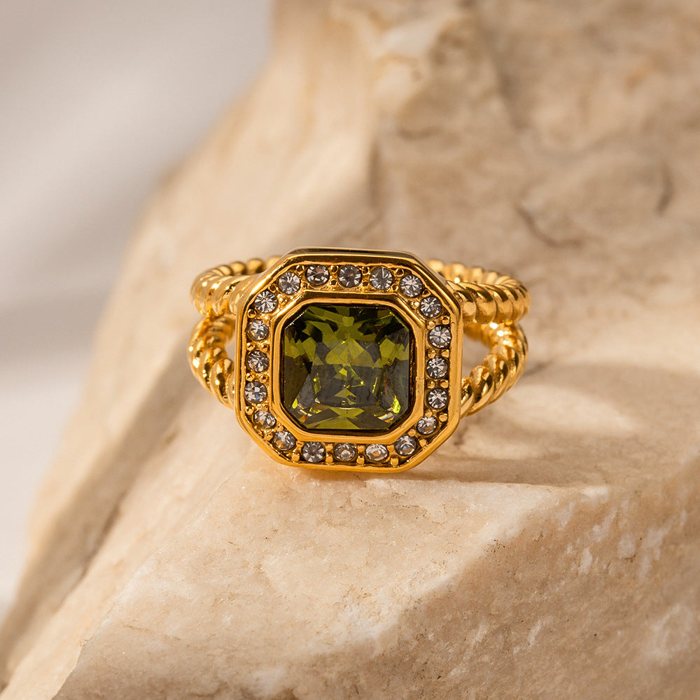 5pcs Niche Design Exaggeration Style 18K Double Octagon Olive Green Zircon Twist Ring Does Not Fade Jewelry