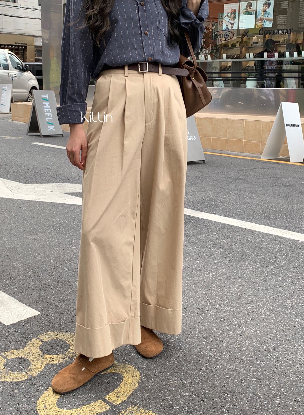 Kittin Autumn New Version Of Cotton Pants Legs Rolled Edge Wide Leg Pants Women Wash Cotton Casual Pants
