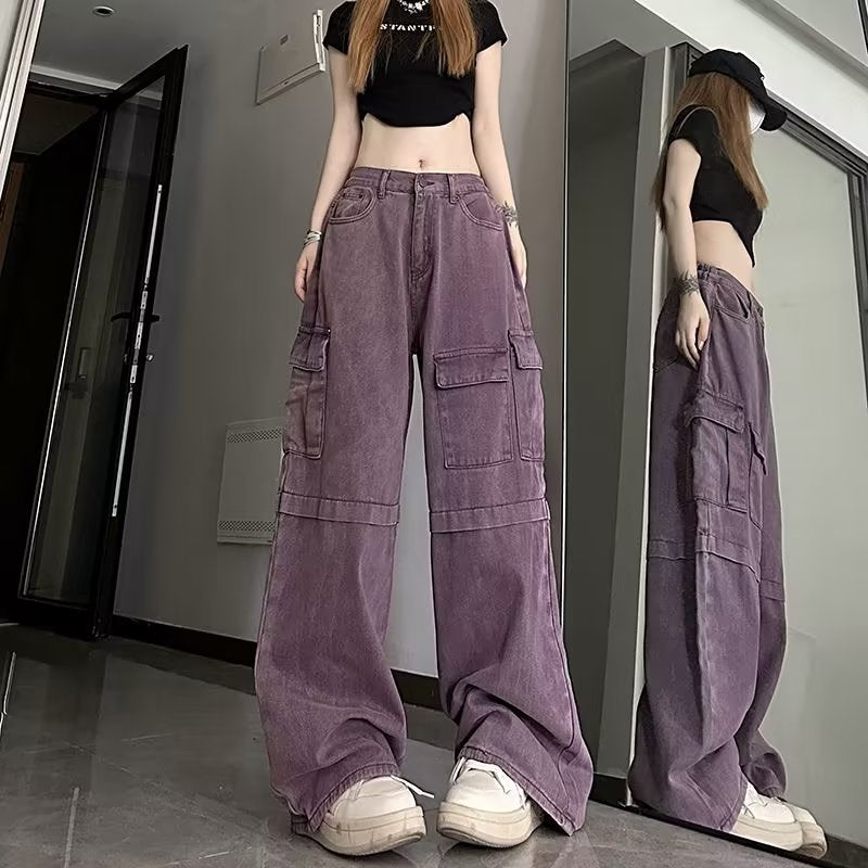 Plus-Size Retro Purple Cargo Jeans Female Spring Summer Spice High-Waisted Baggy Wide-Leg Pants Mop Pants