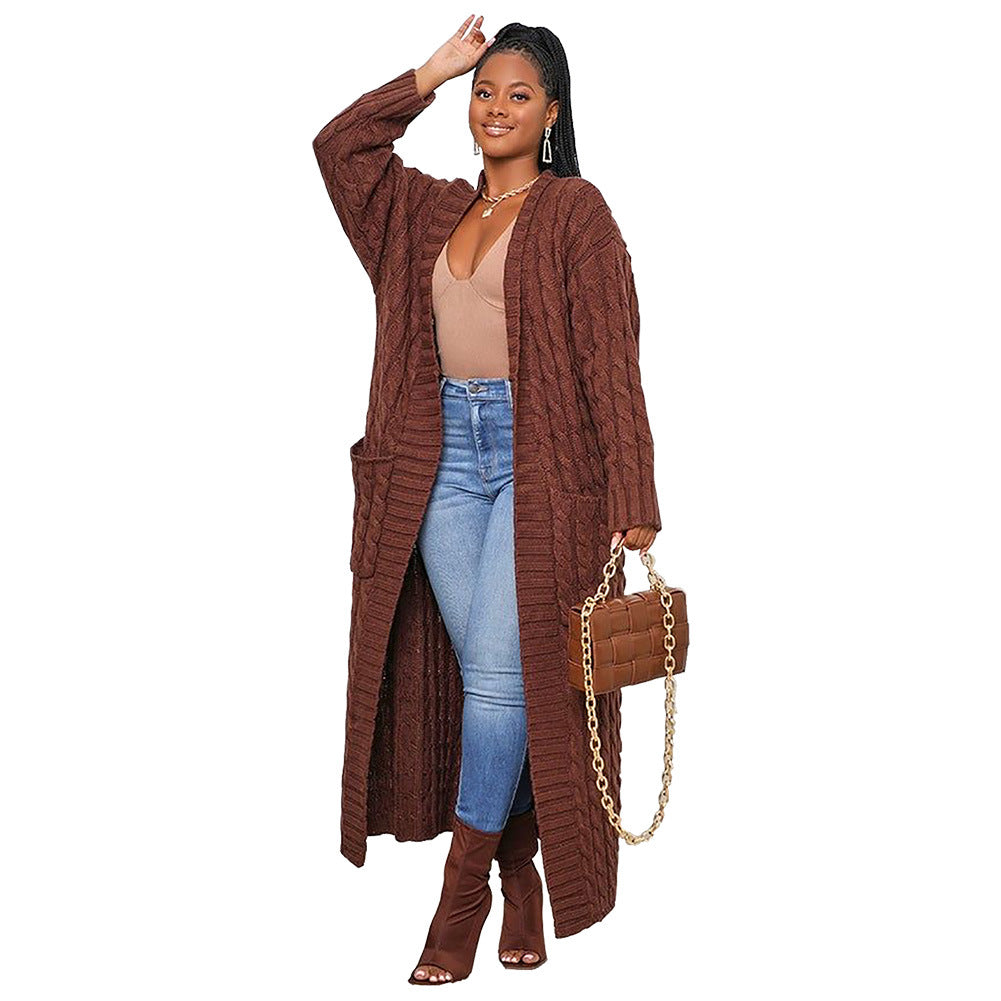 Women's Autumn And Winter New Loose Knit Cardigan Lazy Pocket Long Twist Sweater Coat