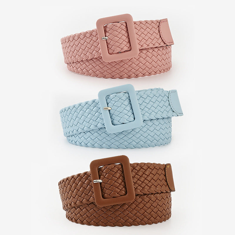 Pastoral Style Woven Wide Belt Fashion Candy Color Bag Buckle Decorated Dress Jeans Belt Women
