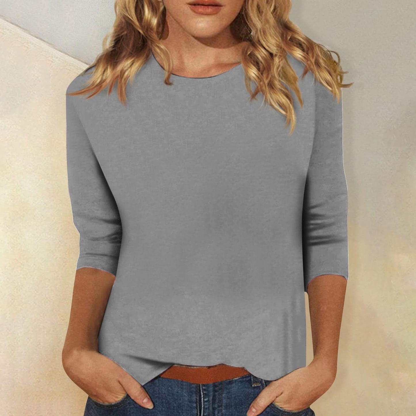 Autumn And Winter Women's Top Round Neck Seven-Point Sleeve Solid Color T-Shirt