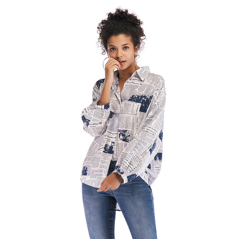Hot Long-Sleeved Newspaper Letter Printed Shirt Women's Design Sense Niche Women's Wear