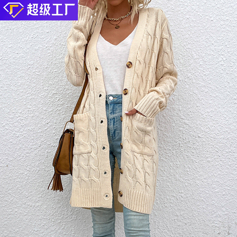 Drizzle Knitwear Autumn And Winter New Long Twist Sweater Women New Button Cardigan
