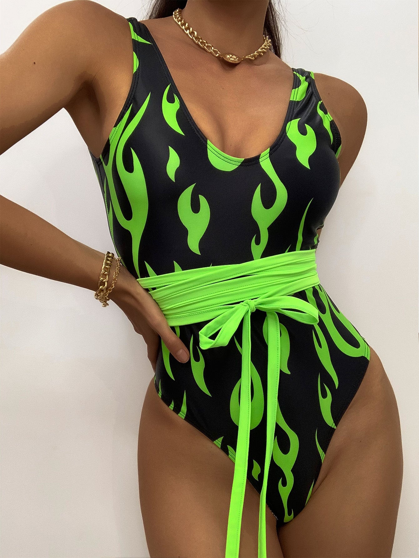 Russian Flame Print Jumpsuit Sexy Bodysuit Bikini
