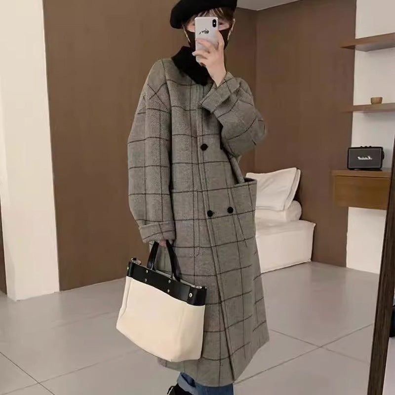 Women's New Mid-Length Vintage Suit Plaid Contrasting Huben-Style Coat