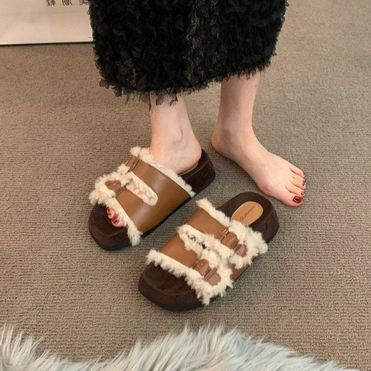 Fashion Niche Retro Furry Slippers Female Wear Autumn New Thick Soles