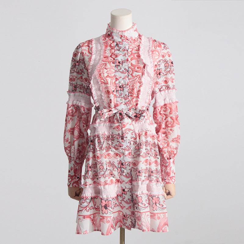 Spring New Style Of Temperament Stand Collar Lace Lacing Waist Slimming Lantern Sleeve Long Sleeve Dress Short Skirt Woman