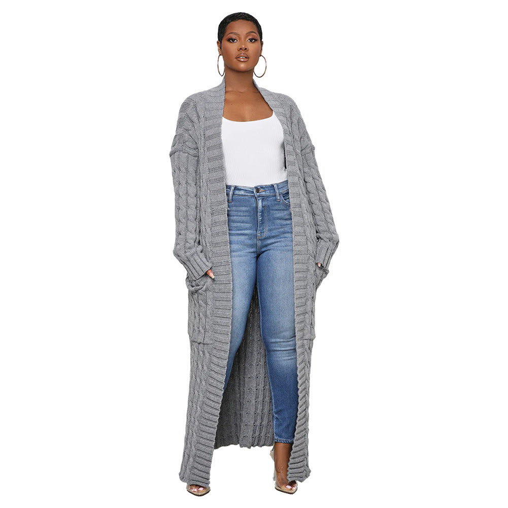 Women's Autumn And Winter New Loose Knit Cardigan Lazy Pocket Long Twist Sweater Coat