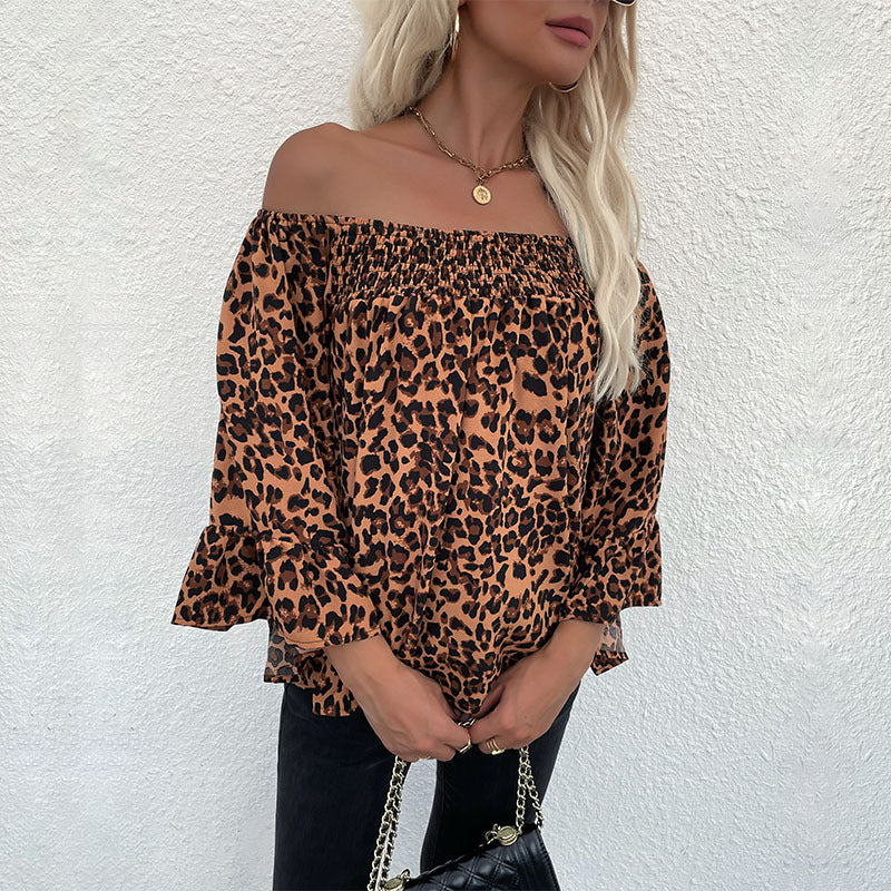 Autumn New Women's Loose One-Line Shoulder Pullover Bottom Leopard Print Chiffon Shirt