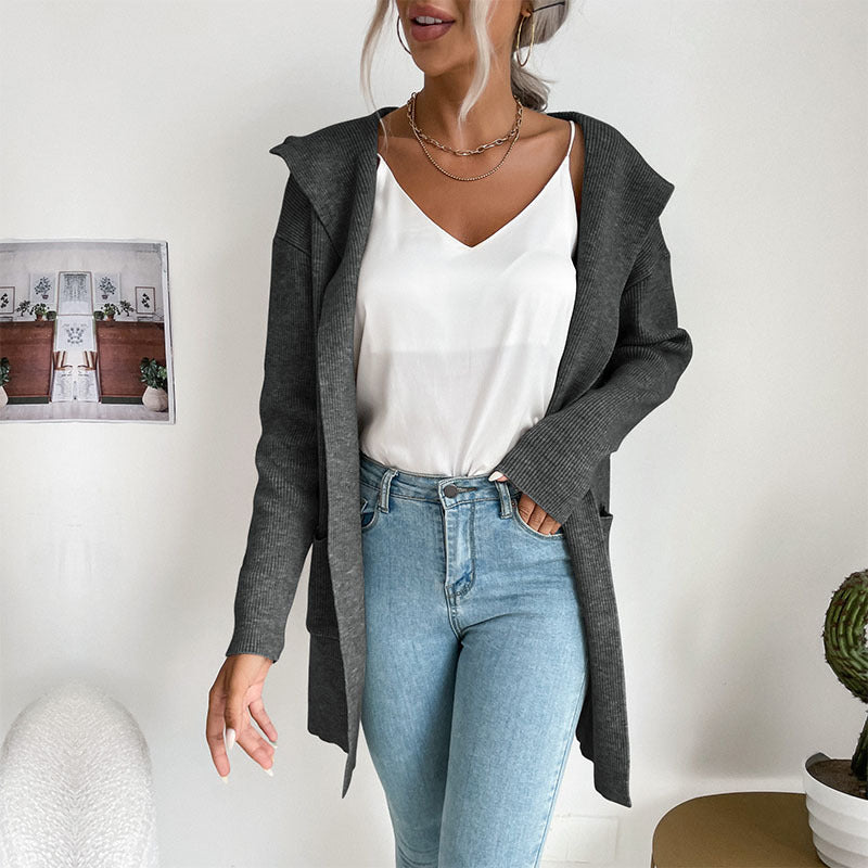 Autumn and Winter Women's Hooded Knitted Sweater Cardigan Coat
