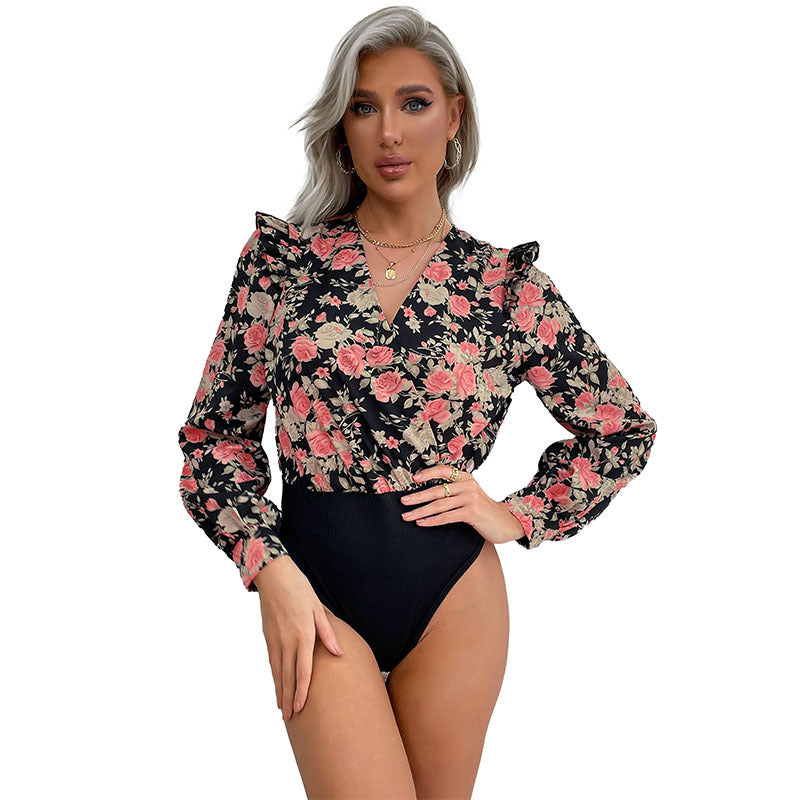 Fashion Women's Spring New Splicing Printed Long-Sleeved Women's Jumpsuit