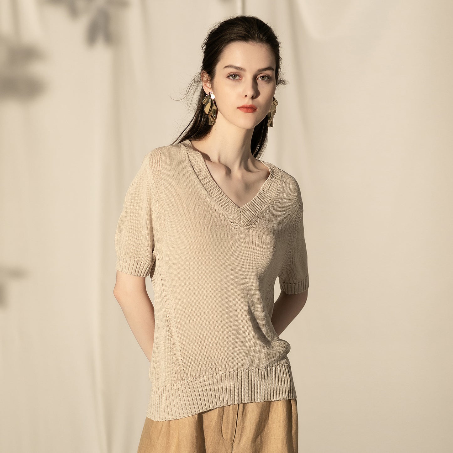 Silver Knit Women Spring Summer New Women's Solid Color V-Neck Set Loose Sweater Women's Mid-Sleeve Women's Wear