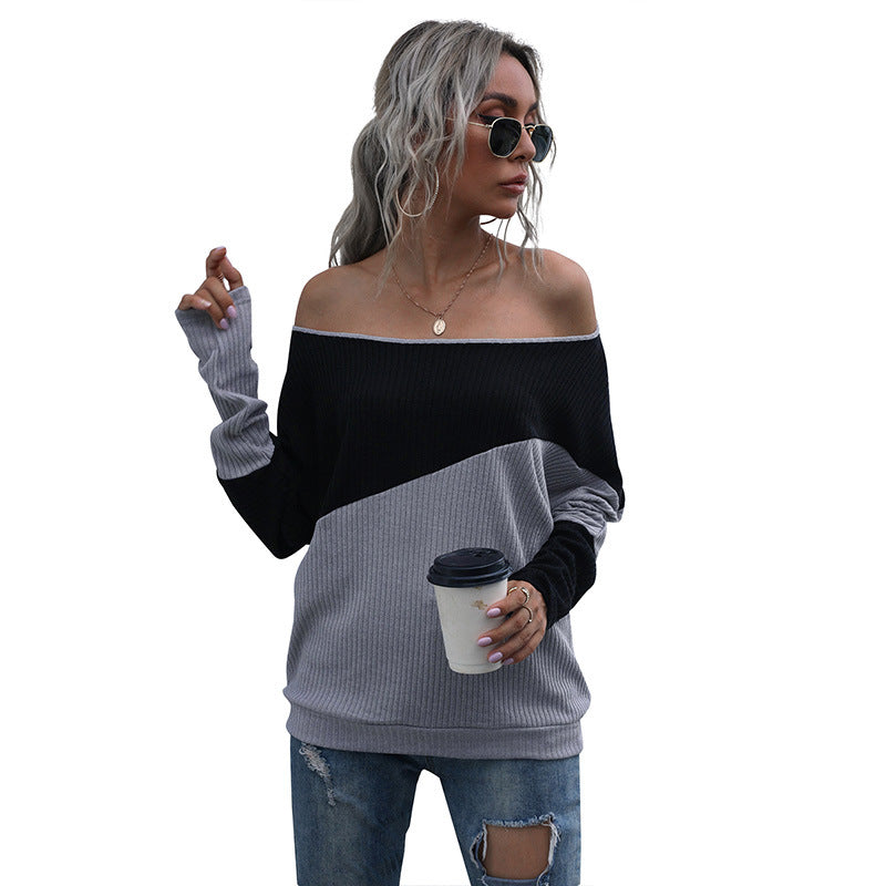 Fashion Women's Long-Sleeved Sweater Color Matching Loose Off-The-Shoulder Shoulder
