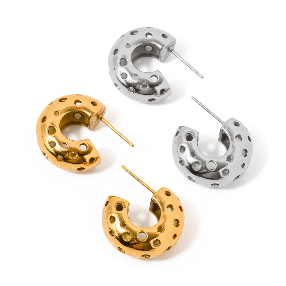 5pcs 18K Gold Stainless Steel Round Hollow C-Shaped Earrings New Fashion Temperament Niche Design Earrings