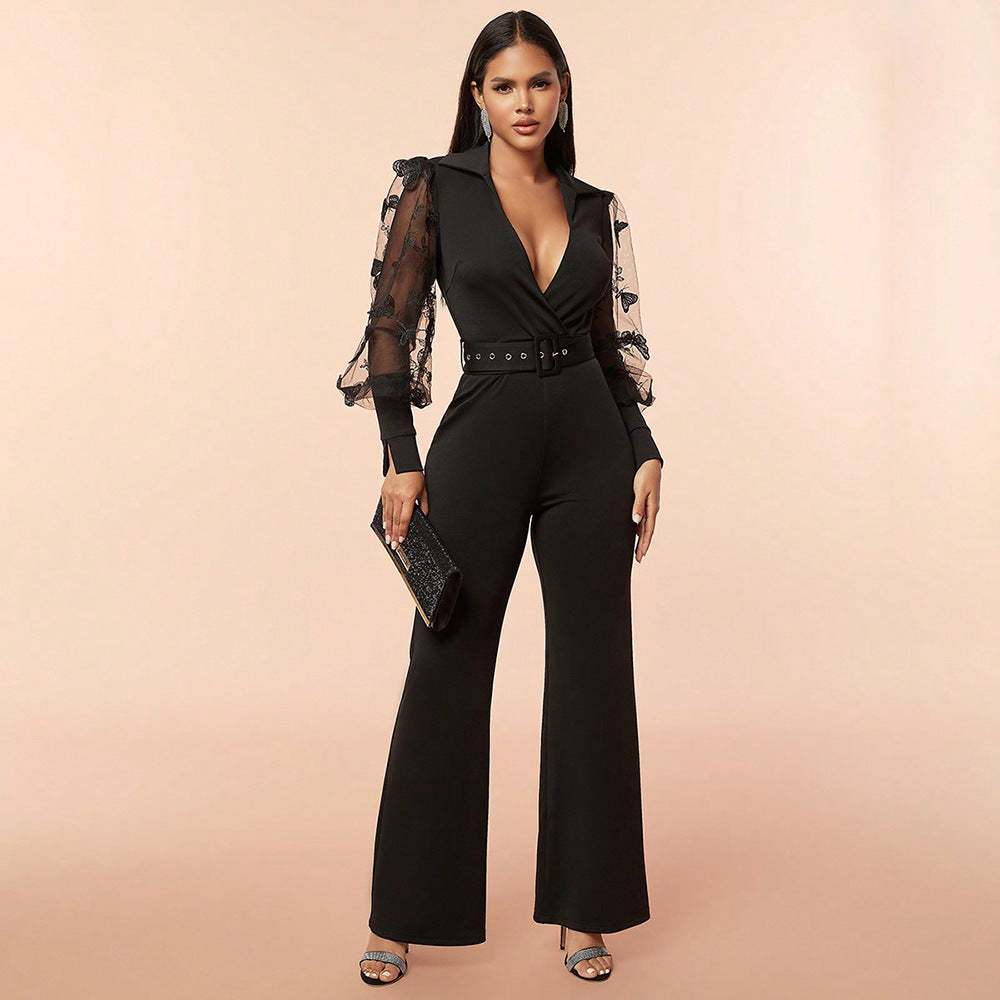 Spring/Summer Sexy Jumpsuit Deep V Patchwork Mesh Slimming Jumpsuit