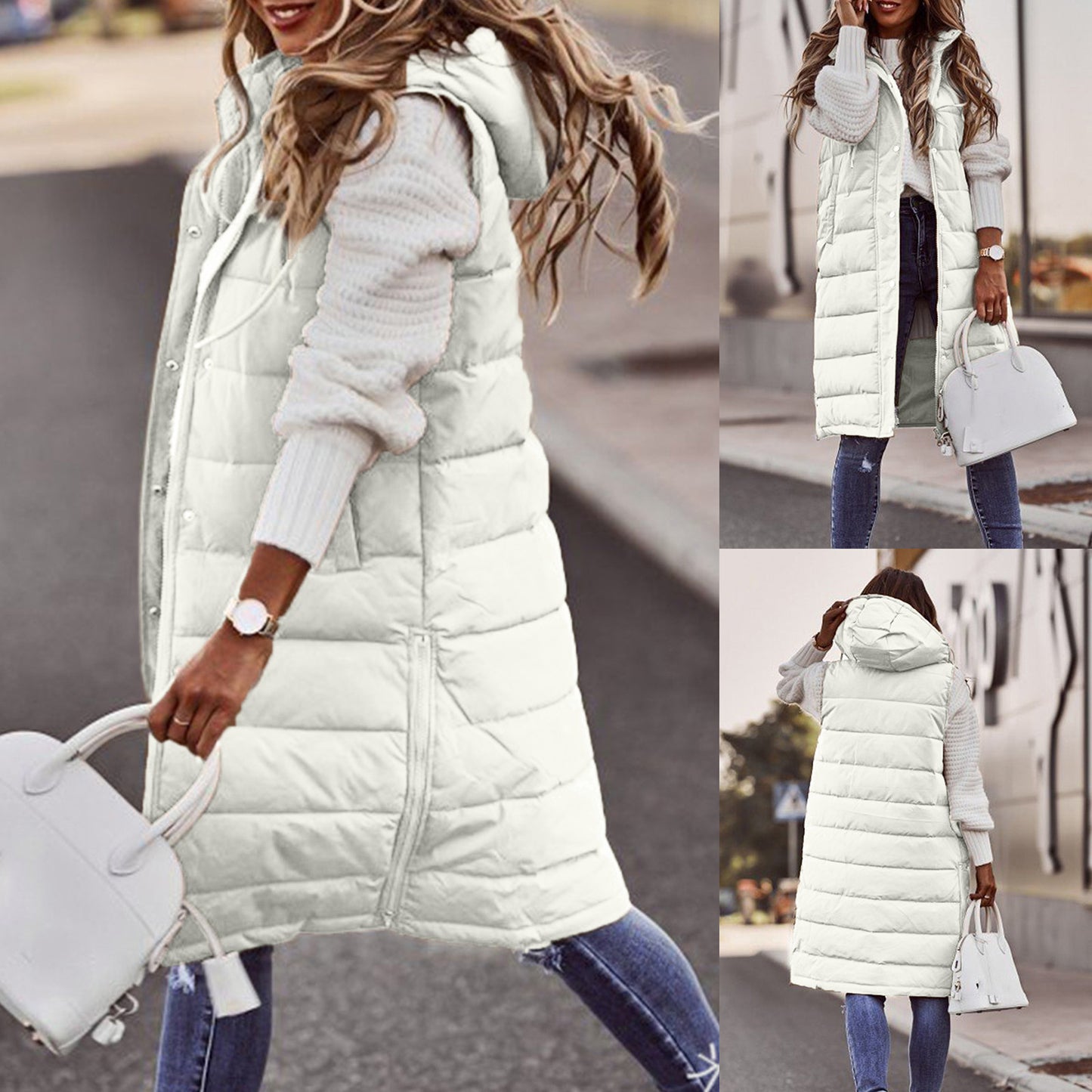 Solid Color Hooded Single Breasted Medium Long Cotton-Padded Vest Slim Temperament Cardigan Coat Top