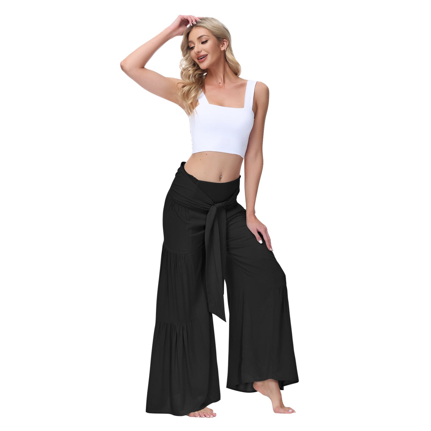 Women's Fashion Temperament Lace-Up Elastic Waist Pleated Wide-Leg Pants Casual Loose Pants