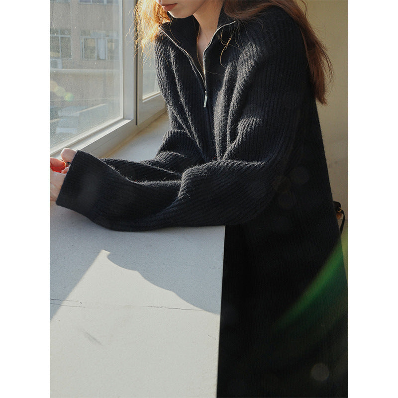 Slouchy Over The Knee Mid-Length Lapel Loose Sweater Dress Woman In Autumn And Winter With A Bottom Knit Dress