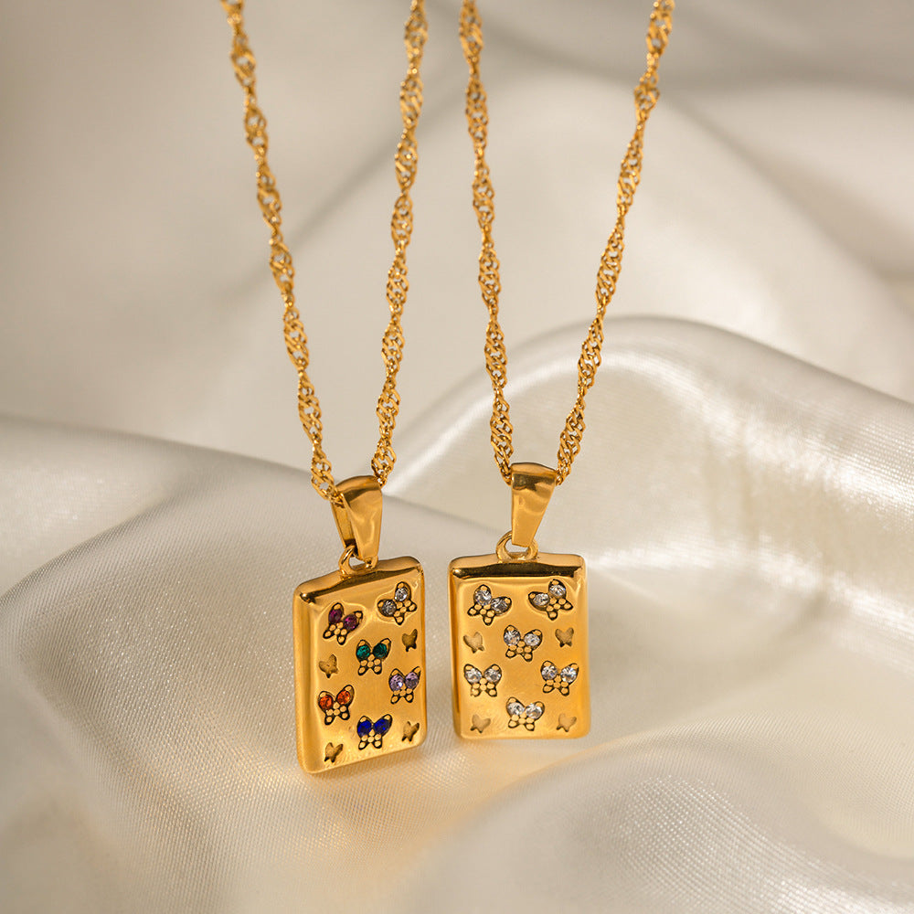 5pcs 18K Gold Stainless Steel Necklace Vintage Collar Fashion Style Square Butterfly Pendant Necklace With White Diamond