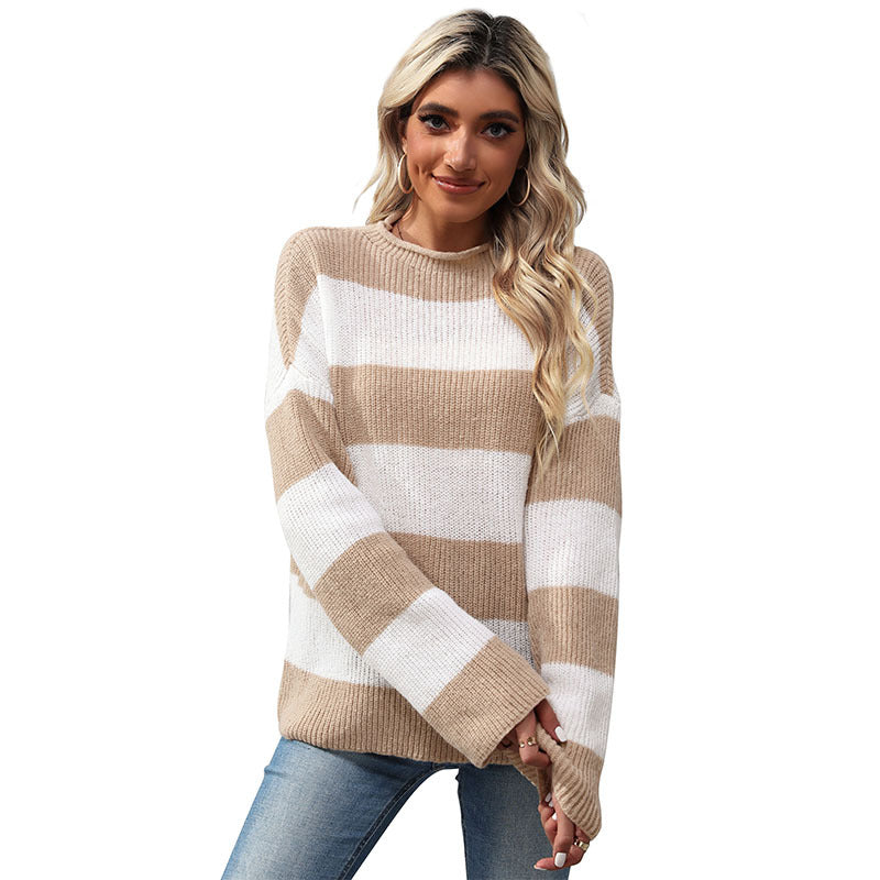 New Autumn And Winter Fashion Women's Long-Sleeved Striped Half Turtleneck Sweater