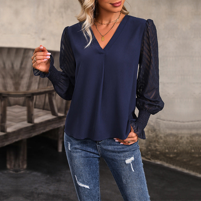 Autumn Shirt Long Sleeve V-Neck Solid Color Shirt For Women